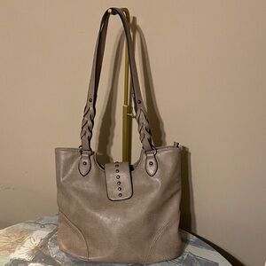 Sam & Hadley Braided Handle Taupe Shoulder Bag with Gunmetal Hardware